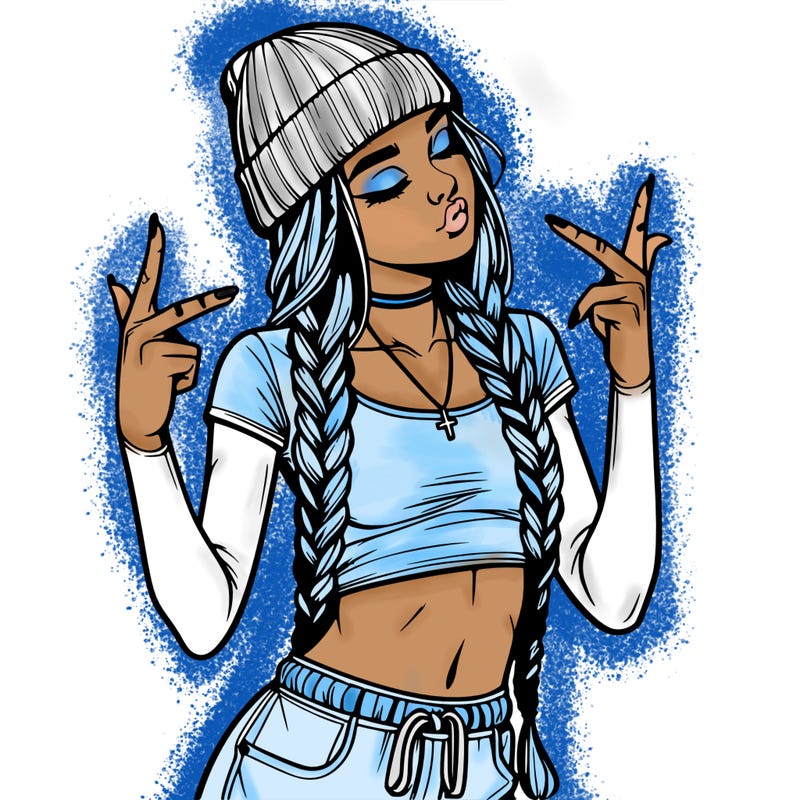 realistic teenage girl with braids and a beanie and crop top doing 🫶🏼