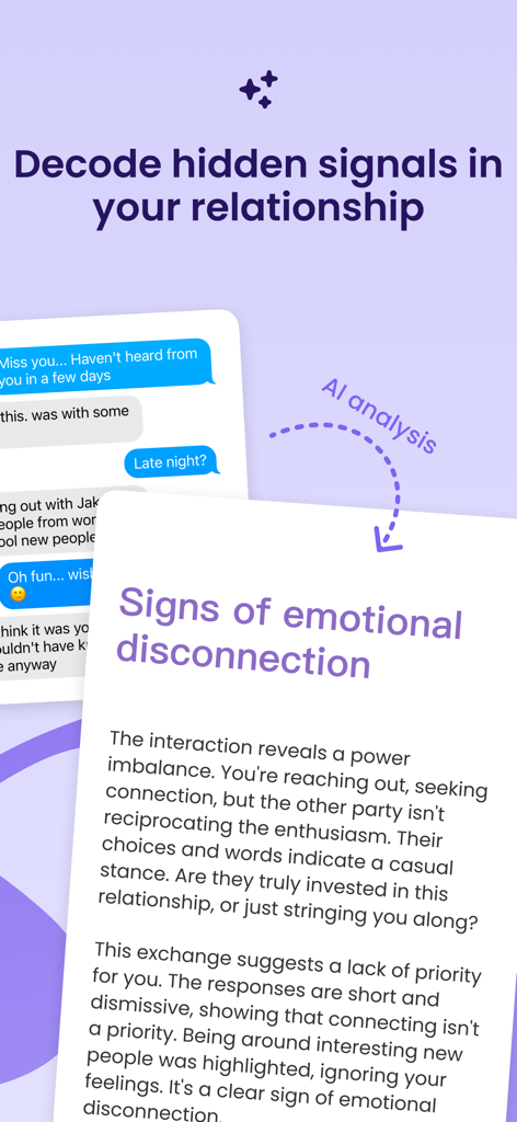 CharmChat app interface showing an AI analysis of a dating conversation for signs of emotional disconnection.