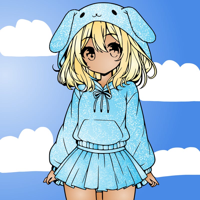 pretty anime girl wearing a fluffy hoodie with bunny ears on the hood and a skirt