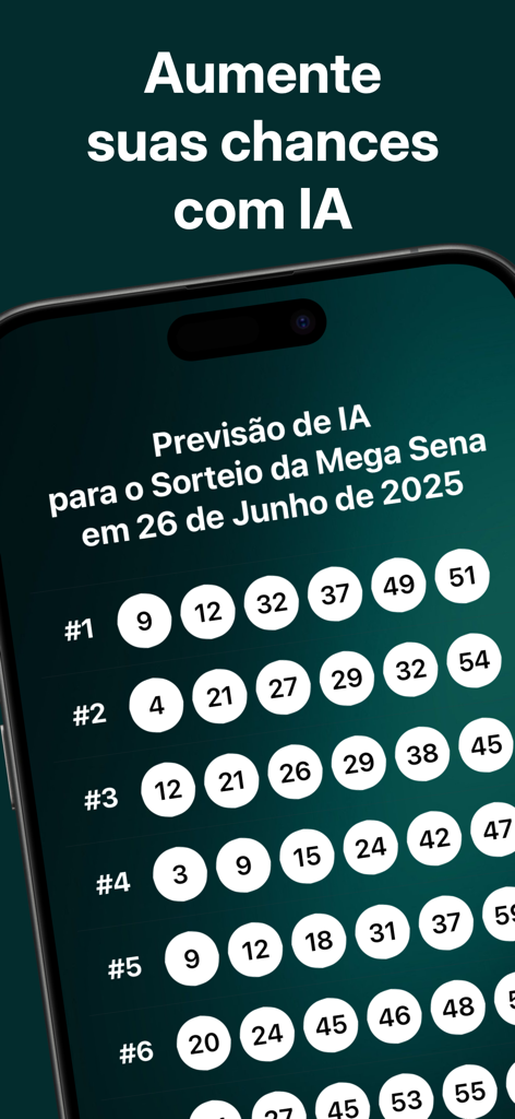 Mega Sena IA Palpites e Dicas - 브라질 메가 세나 추첨을 위한 AI 생성 복권 숫자 예측을 표시하는 스마트폰 화면