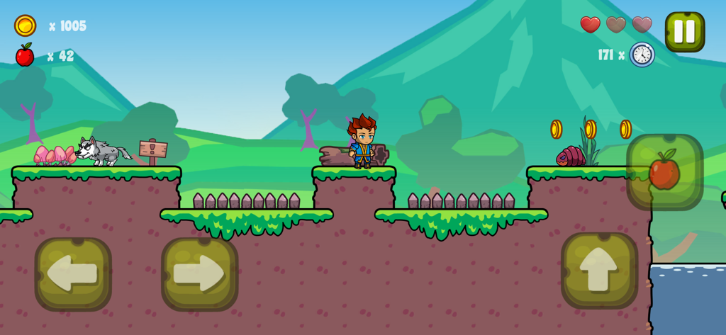 Nipo's World - Gameplay de Nipo em pé em uma plataforma em um mundo colorido com inimigos e obstáculos