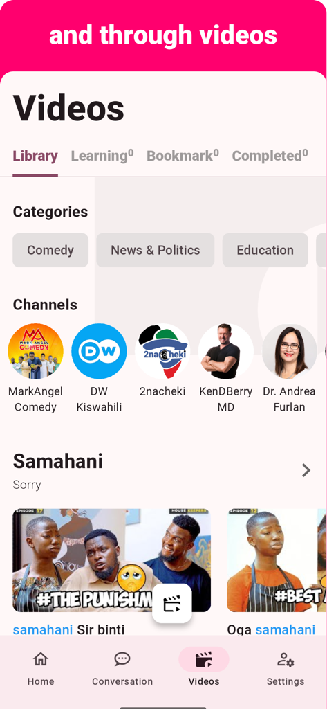 Swahili - Listening Speaking - Interface de l'application d'apprentissage de la langue swahili montrant une bibliothèque vidéo avec diverses catégories et chaînes pour un apprentissage immersif