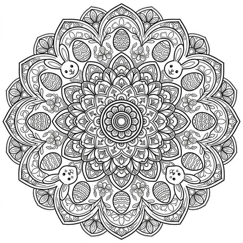 Discover the serene beauty of our Dot Work Easter Mandala, blending intricate dot patterns with festive spring motifs. This unique coloring page features charming bunnies, decorated eggs, and delicate blossoms, perfect for a relaxing and mindful Easter activity.