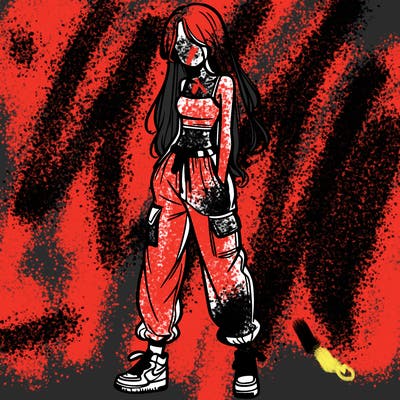 girl in baggy pants crop top and long hair