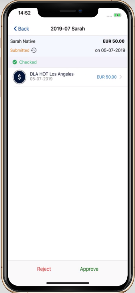 SRXP - SRXP app interface showing a manager review screen with options to approve or reject a submitted expense report.