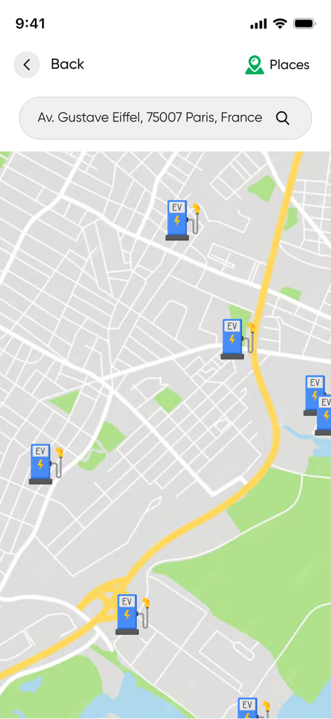 EVMap- Charging Station Finder - Map interface showing electric vehicle charging stations in a city