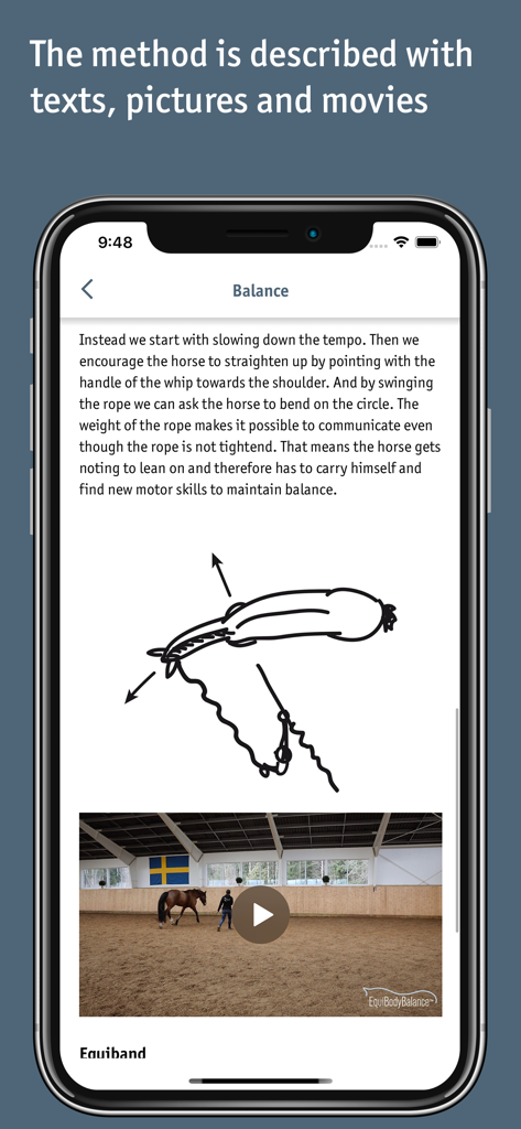 Equibodybalance - Smartphone display showing horse balance training instructions with a diagram and video tutorial