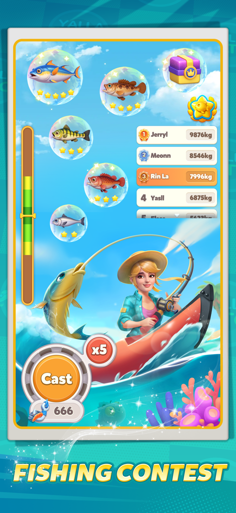 Yalla Match - Vogue Star - Un personnage féminin pêchant dans un bateau lors d'un mini-jeu de concours de pêche dans Yalla Match - Vogue Star.