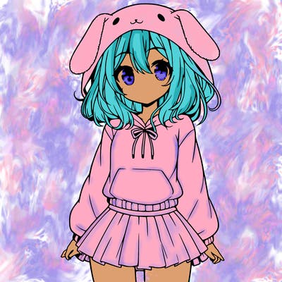 pretty anime girl wearing a fluffy hoodie with bunny ears on the hood and a skirt