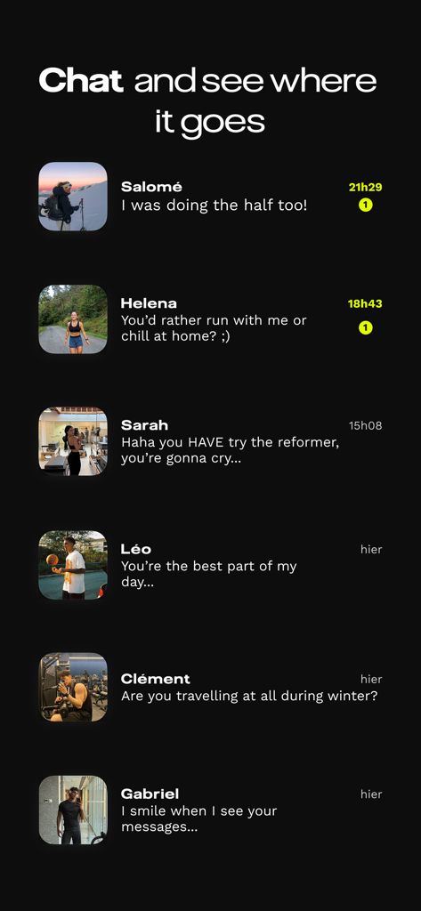 bpm - sport & athletes dating - Chat interface of the bpm dating app showing active singles messaging about sports and fitness
