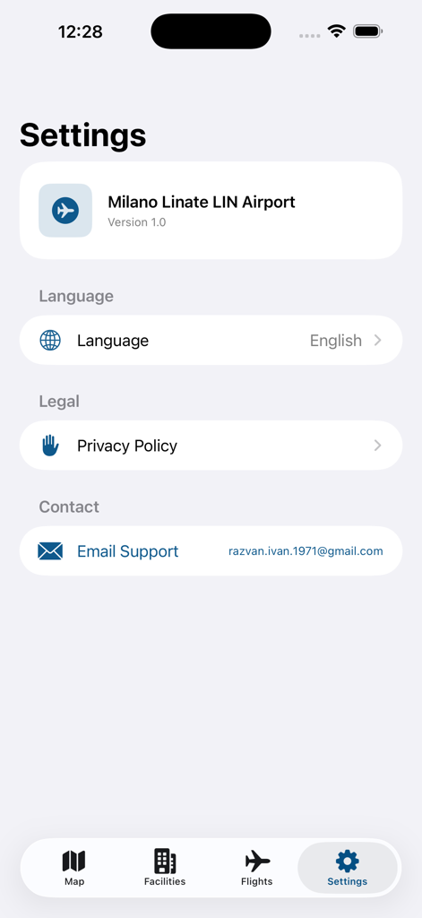 Milano Linate LIN Airport - La interfaz de configuración de la aplicación móvil del Aeropuerto de Milano Linate LIN que incluye selección de idioma y soporte de contacto