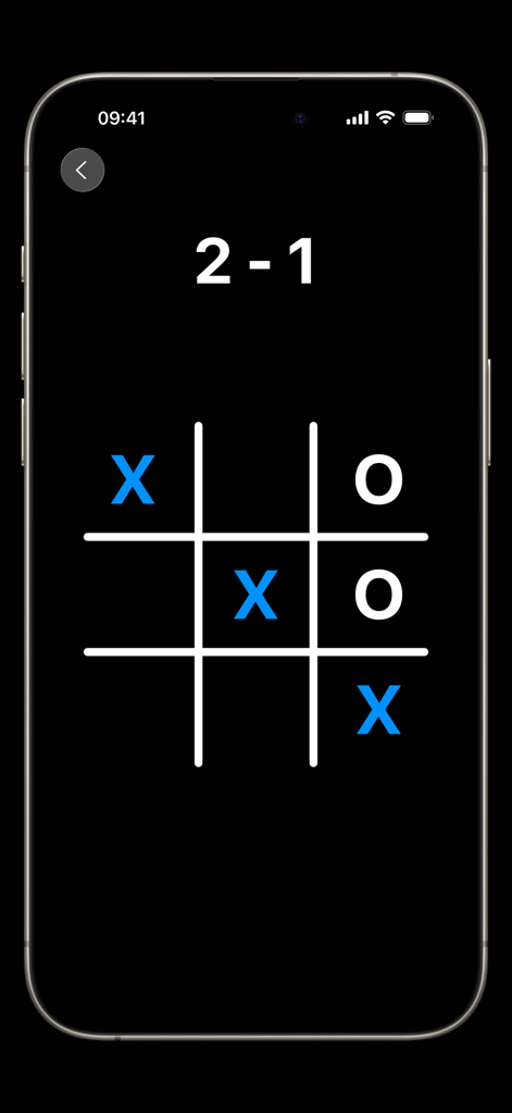 A minimalist Tic Tac Toe grid on a dark background showing a diagonal win with blue X symbols and a score of 2 to 1.