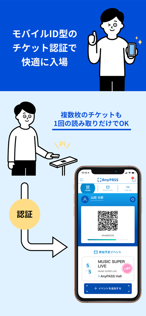 Ilustração do aplicativo AnyPASS mostrando um QR Code de ingresso digital e uma pessoa escaneando seu celular para entrada rápida
