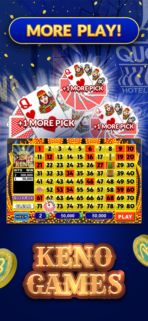 Schermata mobile che mostra il tabellone del gioco Keno del Four Queens con grafica vintage e selezione dei numeri