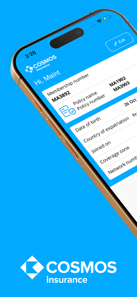 Cosmos Insurance app profile screen showing membership number and expatriate policy details