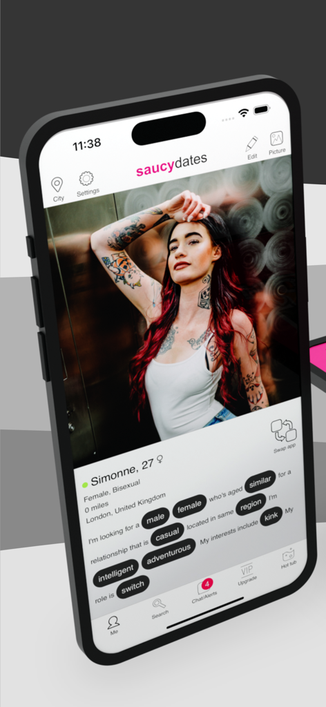Saucydates: Dating App - A smartphone screen displaying a user profile with interest tags and photos on the Saucydates dating app.