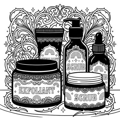 Dive into a uniquely dark and dazzling world with this Gothic-inspired exfoliant coloring page, celebrating Pride Month with every intricate detail. Explore ornate cosmetic containers adorned with Victorian lace and subtle rainbow accents, set against a backdrop of mysterious thorny vines.