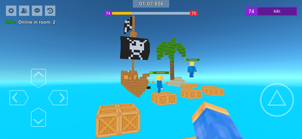 Parkour Craft:Online PvP Games - In game screenshot of a blocky parkour course with a pirate ship and floating crates.