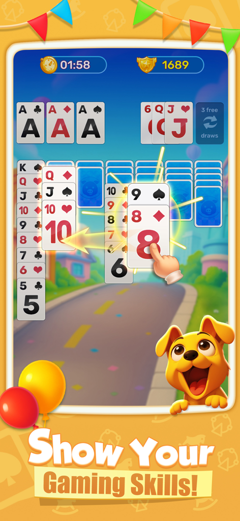 Solitaire Bounty:Win Real Cash - Solitaire Bounty gameplay screenshot showing card stacking with a carnival theme and a cute puppy mascot
