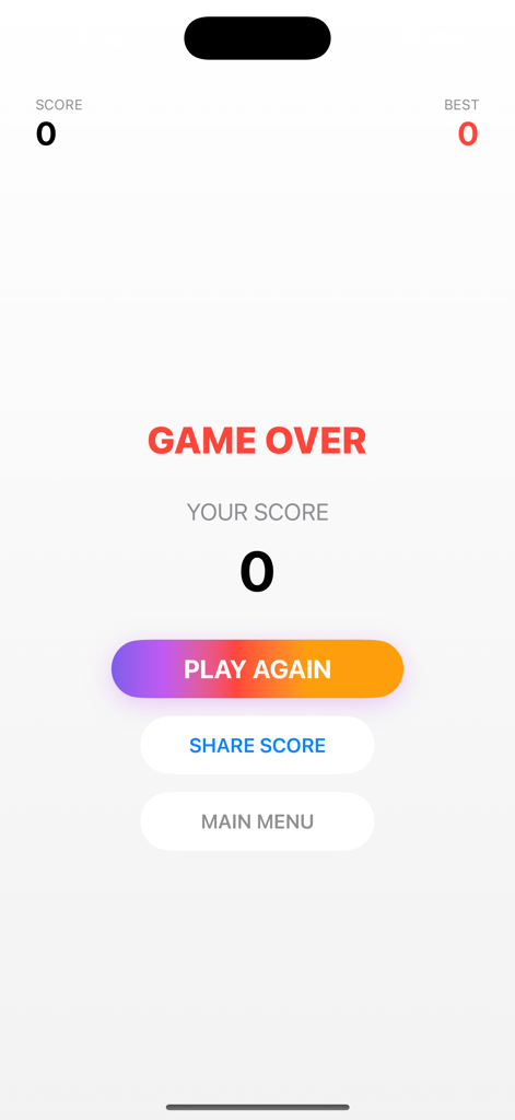 True Color - Special Edition - True Color Special Edition game over screen showing a score of zero and a colorful play again button.