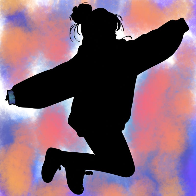 realistic girl jumping with a bun and oversized sweatshirt