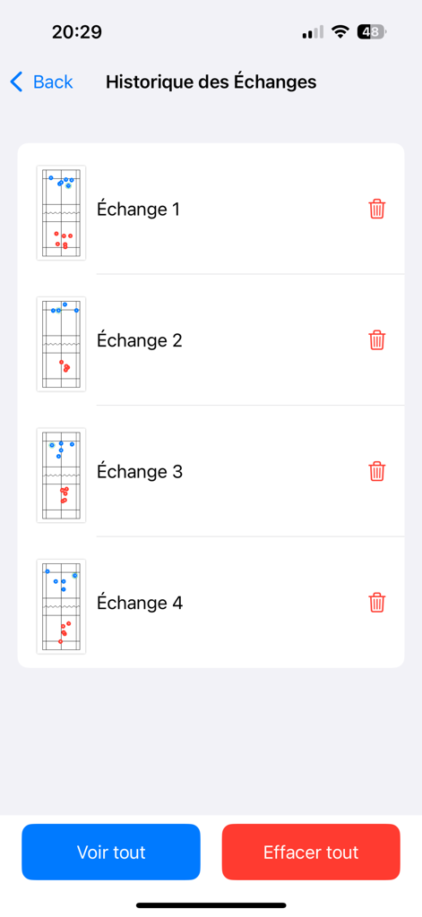 Badminton-Analyse - History screen of the Badminton-Analyse app showing a list of saved rallies with tactical court markers