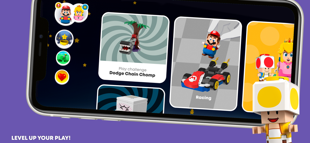 A smartphone displaying the LEGO Super Mario app interface with various building and play challenges