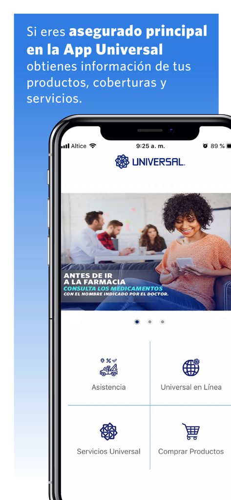Panel de la aplicación móvil de seguros Universal mostrando menú de asistencia vial y servicios de salud