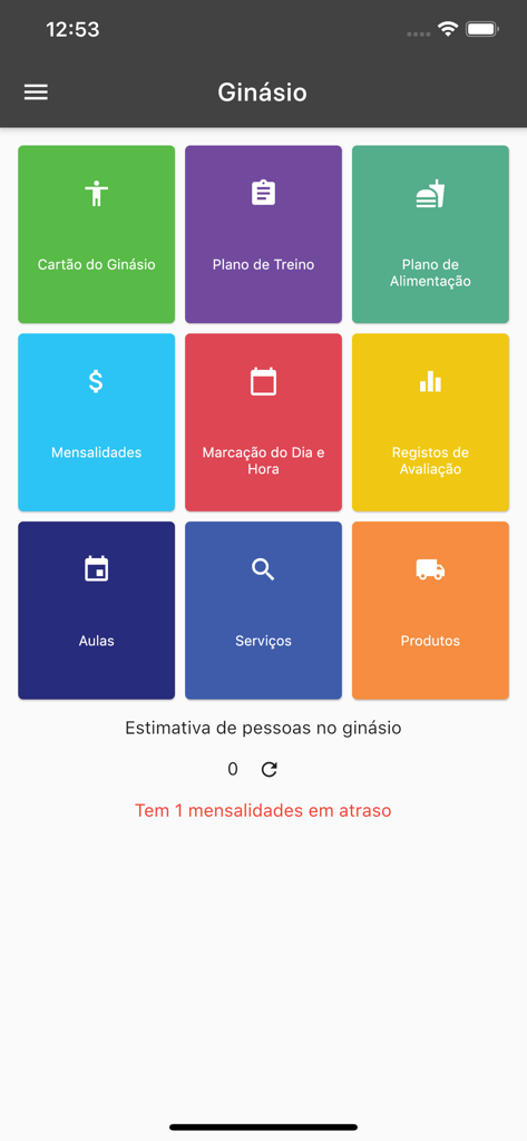 훈련 계획, 영양, 일정 및 헬스장 서비스를 위한 다채로운 아이콘 그리드를 특징으로 하는 My Gym의 모바일 앱 대시보드