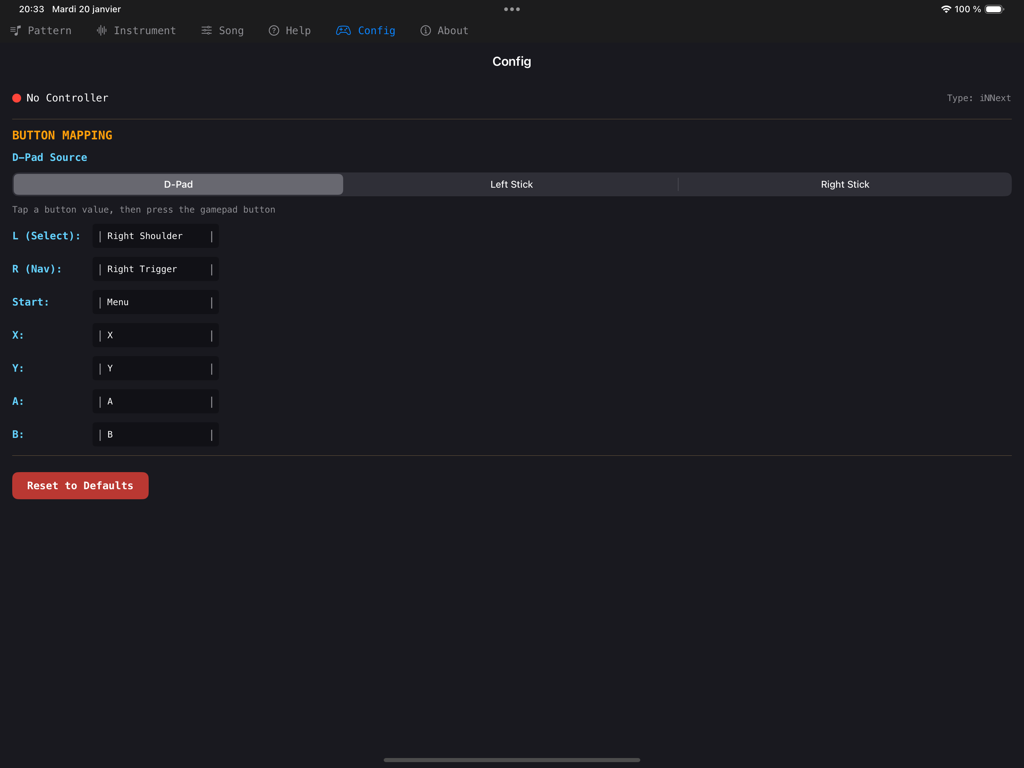 XM Zhootracker - Pantalla de configuración de mapeo de botones del gamepad en la aplicación XM Zhootracker