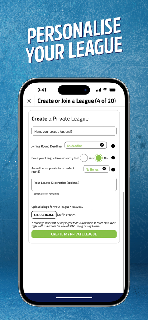 SuperCoach Tips - A mobile interface for creating and personalizing a private league in the SuperCoach Tips app.