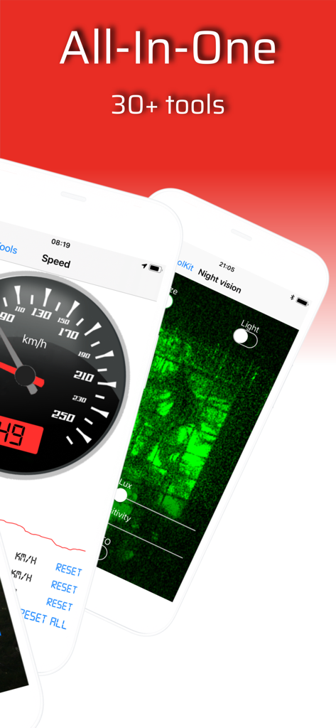 Smart Tools - All In One Box - Smart Tools app interface showing speedometer and night vision features on iPhone screens