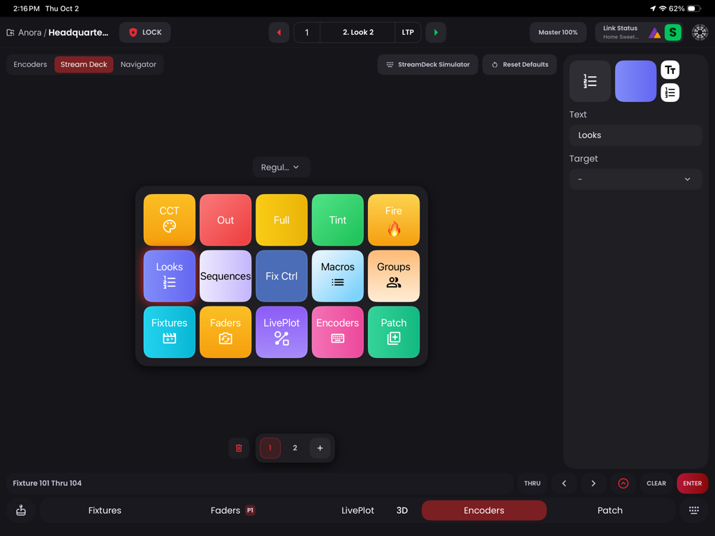 Blackout Lighting Console - Stream Deck simulator showing a grid of lighting control shortcut buttons on an iPad