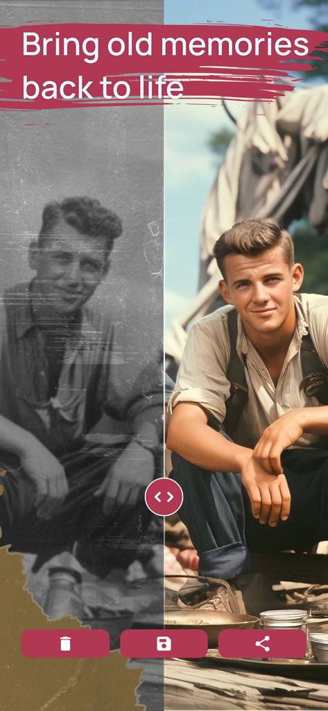 FixMyPics - Restore Old Photos - 白黒で傷のある写真が、鮮明なカラー画像に復元されたビフォーアフター比較