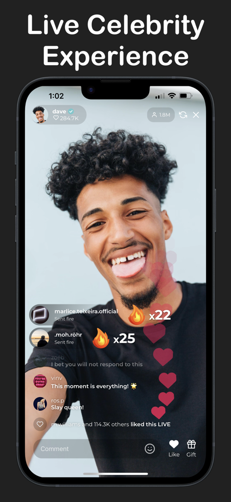 A screenshot of the Hype Simulator app showing a simulated celebrity live stream with millions of viewers and bot comments.