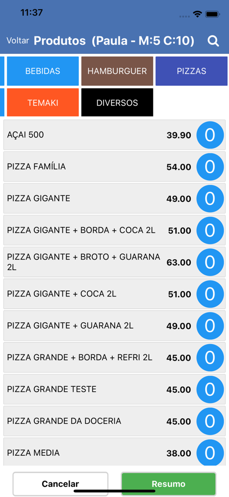 Saipos Garçom - 피자 항목 및 카테고리 탭이 있는 메뉴 목록을 보여주는 웨이터용 Saipos Garcom 앱 인터페이스