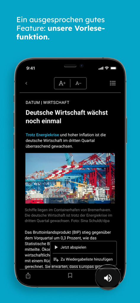 Smartphone screen showing the SÜDWEST PRESSE app with a news article and the read-aloud audio player interface