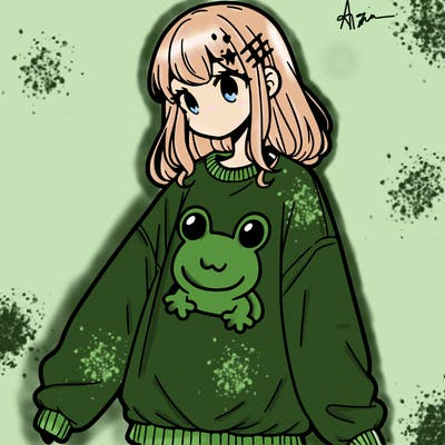 girl wearing frogging sweatshirt