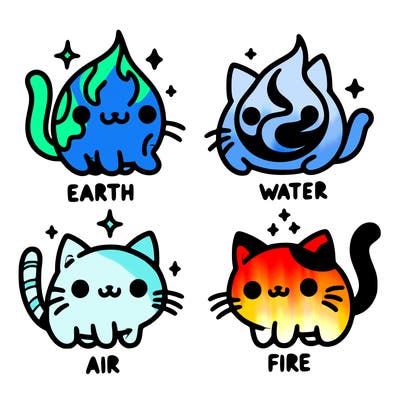 4 cats that represent the different elements, earth, water, air, and fire