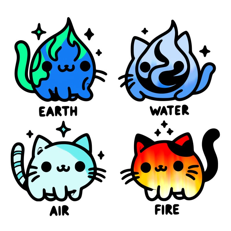 4 cats that represent the different elements, earth, water, air, and fire