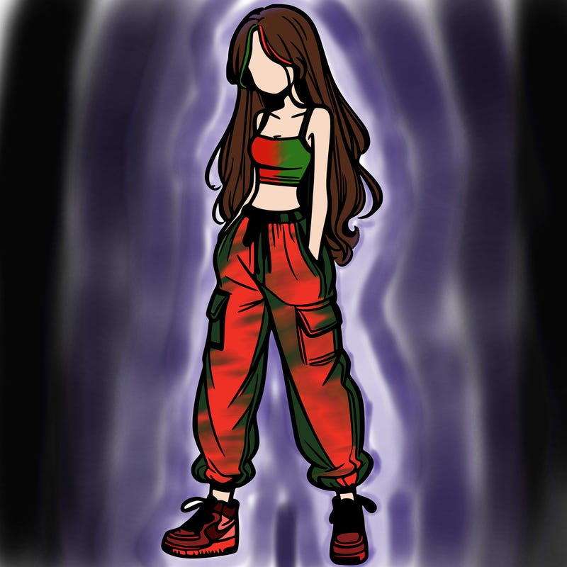 girl in baggy pants crop top and long hair