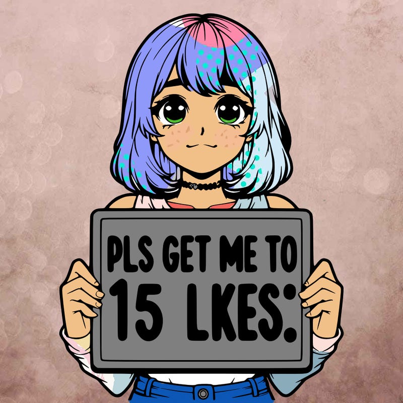 realistic girl holding up a sign that says “pls get me to 15 likes!”