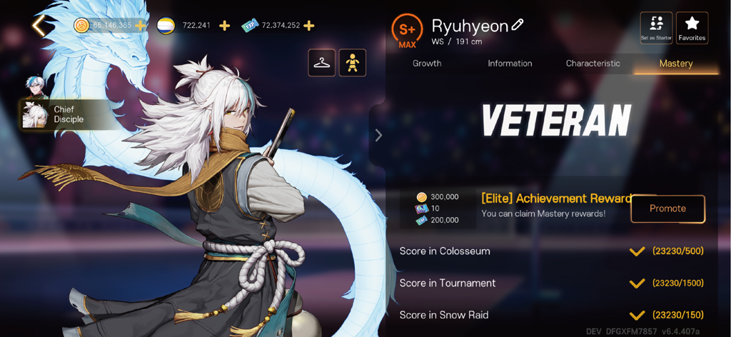 The Spike - Volleyball Story - Character profile screen in The Spike Volleyball Story showing the character Ryuhyeon with veteran status and mastery achievement rewards