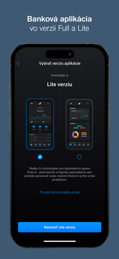 Tatra banka - Tatra banka mobile app interface showing the selection screen between Full and Lite versions