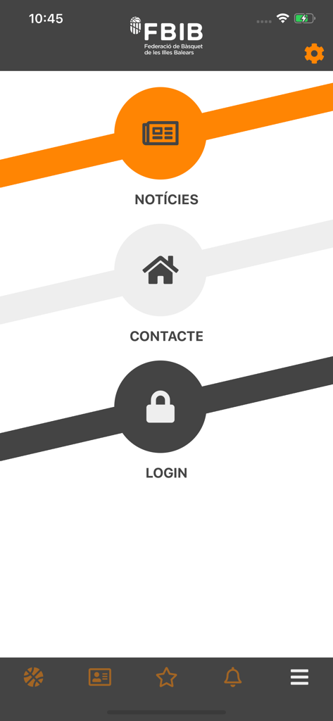 Pantalla de inicio de la aplicación de baloncesto FBIB mostrando botones de noticias, contacto e inicio de sesión