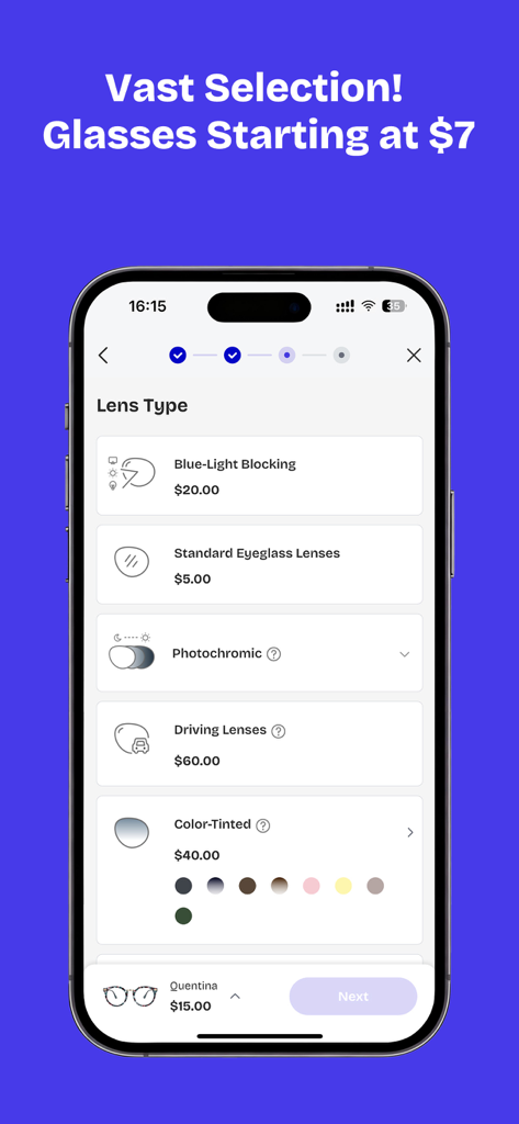 Zeelool-App-Bildschirm zeigt verschiedene Brillenglastypen und Preisoptionen.
