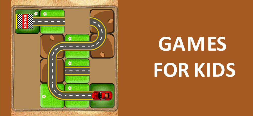 Car games for kids 6 years old - Educational logic puzzle game for children showing a red car on a road track with a finish line