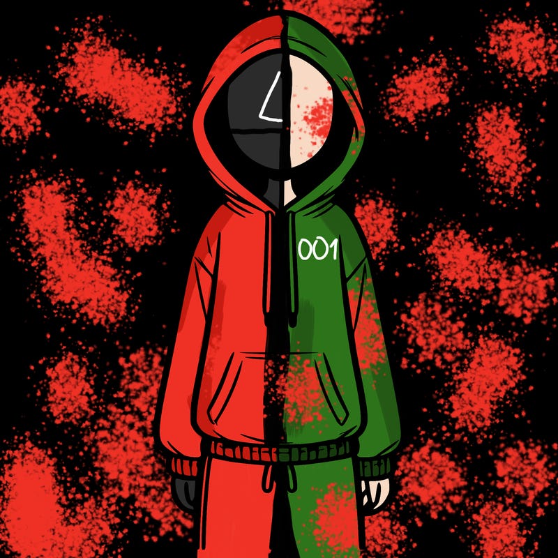 faceless girl in a tracksuit with a hood on and no hair