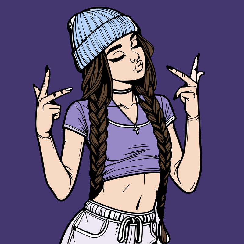 realistic teenage girl with braids and a beanie and crop top doing 🫶🏼