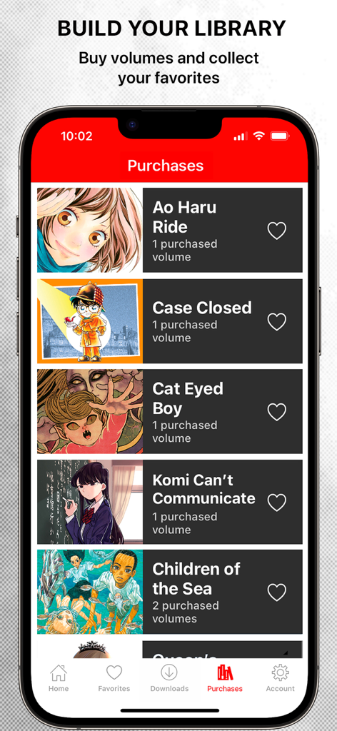 VIZ Manga app interface showing a list of purchased digital manga volumes in a personalized library